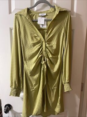Gilli Olive Green Satin Ruched Front Shirt Dress
